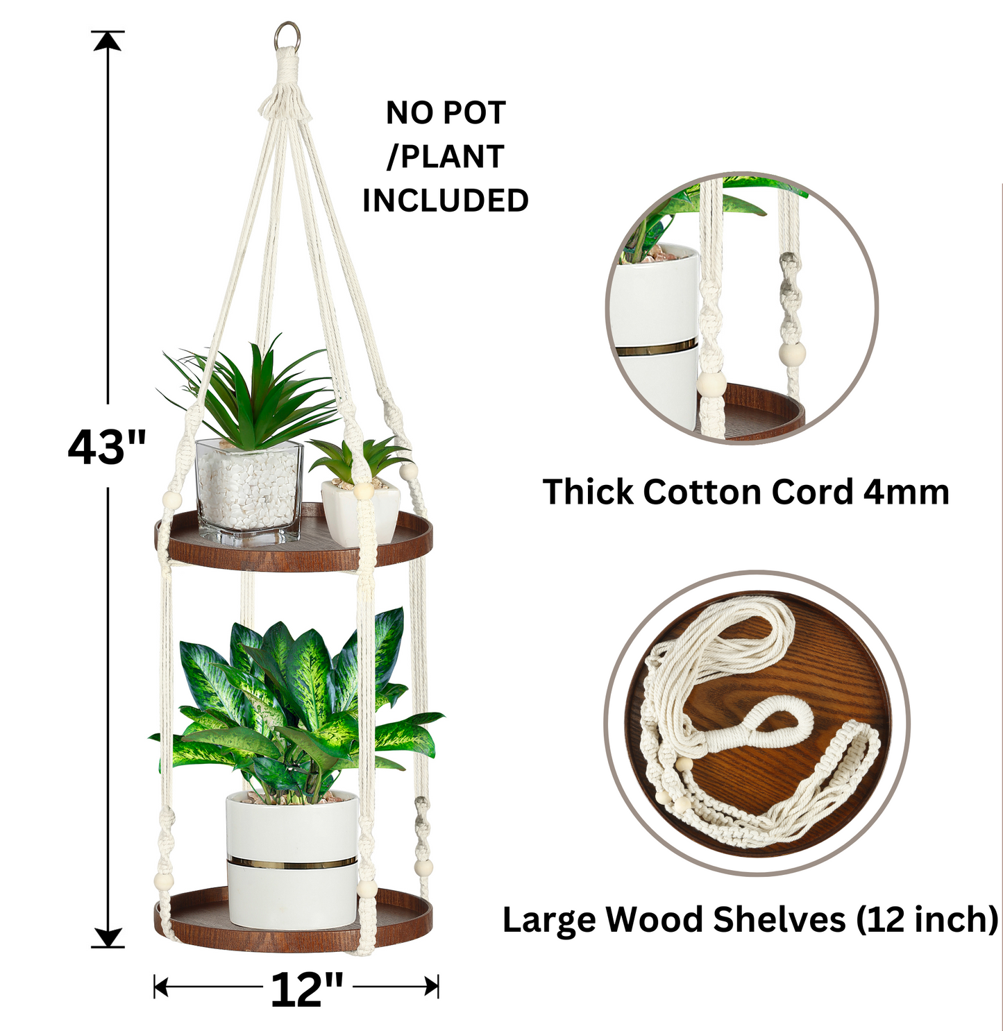 2 Tier Macrame Cotton Plant Hanger with Wooden Tray