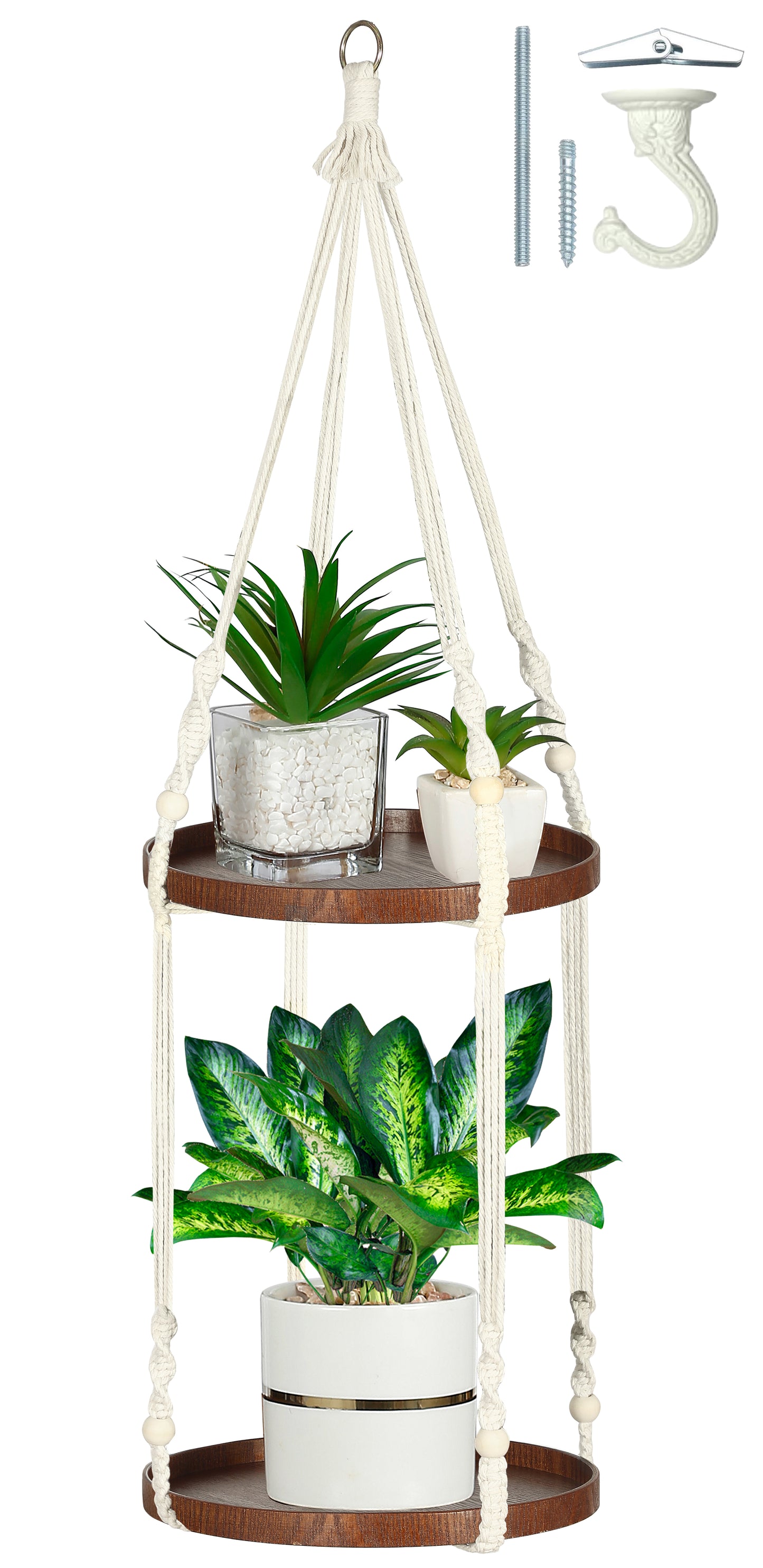 2 Tier Macrame Cotton Plant Hanger with Wooden Tray